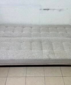 Convertible Tufted Sofa Bed / Futon – Light Beige/Grey Heathered Fabric with Grid Stitching & Armless Minimalist Design - Image 2