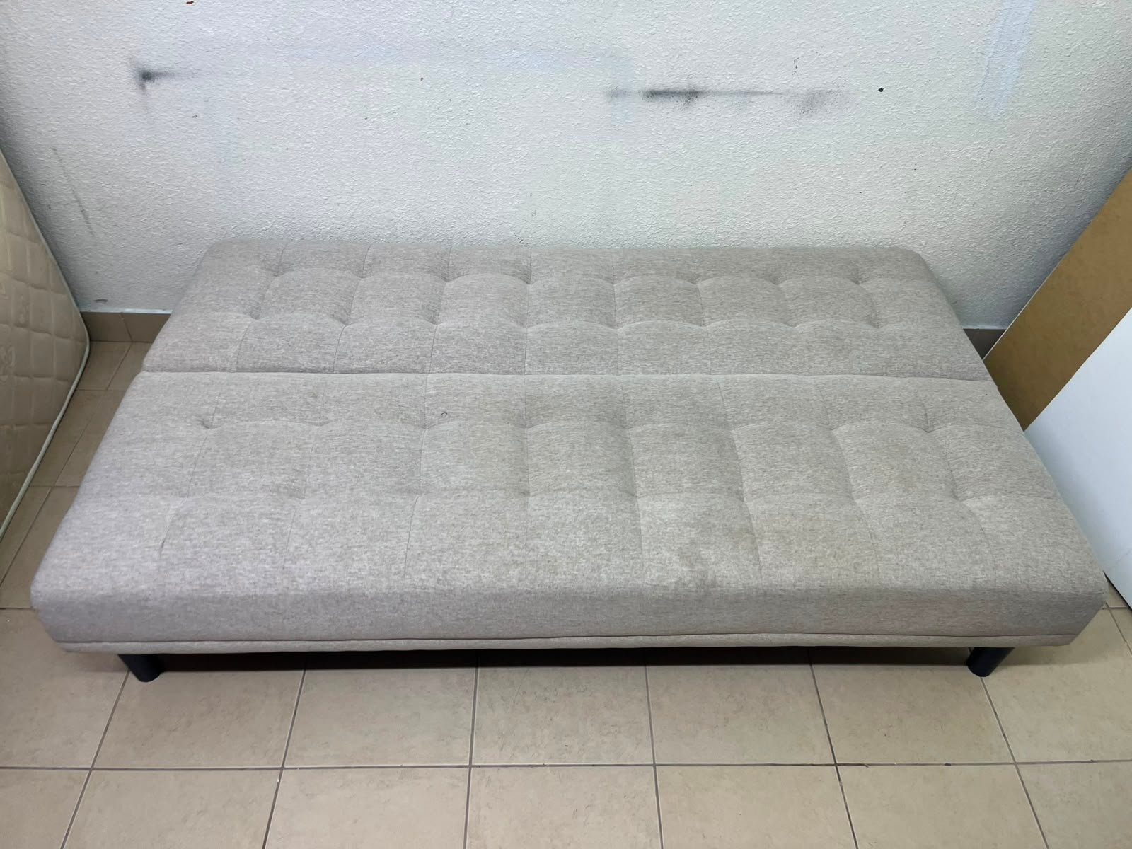 Convertible Tufted Sofa Bed / Futon – Light Beige/Grey Heathered Fabric with Grid Stitching & Armless Minimalist Design - Image 2