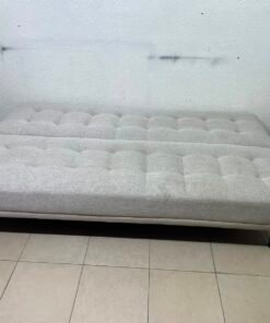 Convertible Tufted Sofa Bed / Futon – Light Beige/Grey Heathered Fabric with Grid Stitching & Armless Minimalist Design - Image 3