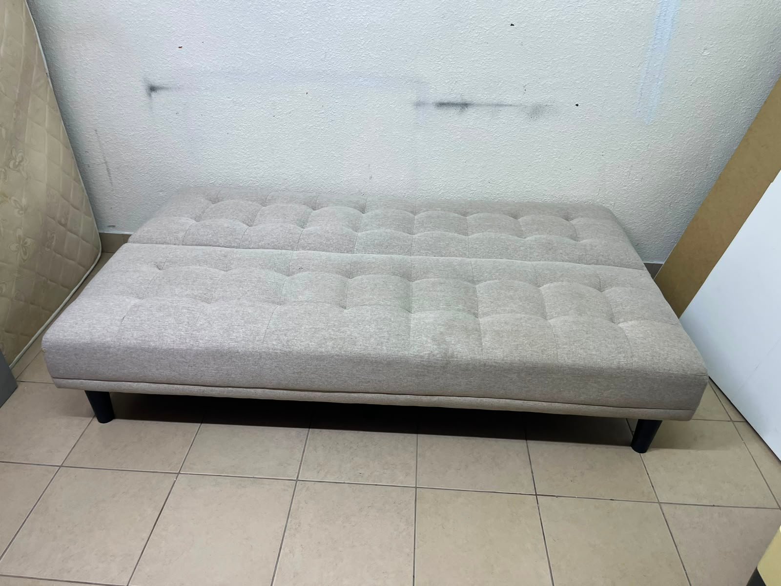 Convertible Tufted Sofa Bed / Futon – Light Beige/Grey Heathered Fabric with Grid Stitching & Armless Minimalist Design - Image 3