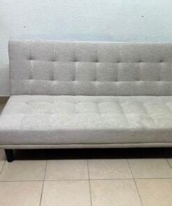 Convertible Tufted Sofa Bed / Futon – Light Beige/Grey Heathered Fabric with Grid Stitching & Armless Minimalist Design