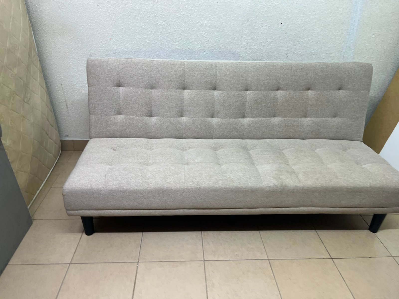 Convertible Tufted Sofa Bed / Futon – Light Beige/Grey Heathered Fabric with Grid Stitching & Armless Minimalist Design