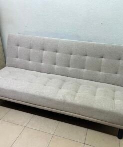 Convertible Tufted Sofa Bed / Futon – Light Beige/Grey Heathered Fabric with Grid Stitching & Armless Minimalist Design - Image 5