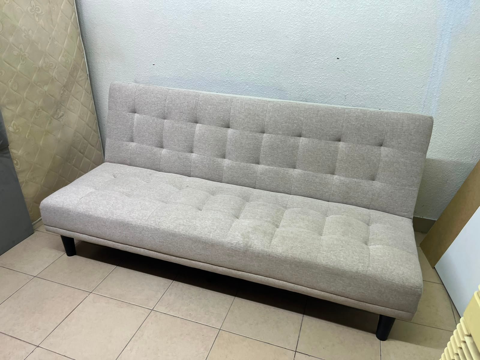 Convertible Tufted Sofa Bed / Futon – Light Beige/Grey Heathered Fabric with Grid Stitching & Armless Minimalist Design - Image 5