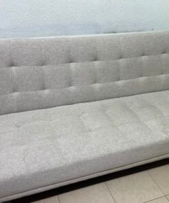 Convertible Tufted Sofa Bed / Futon – Light Beige/Grey Heathered Fabric with Grid Stitching & Armless Minimalist Design - Image 6