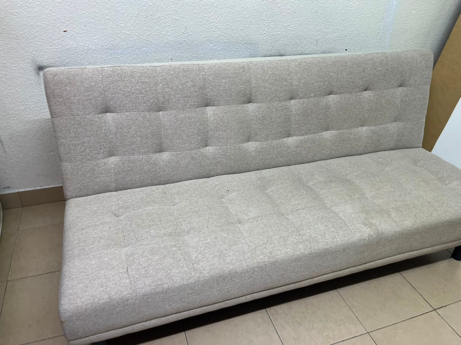 Convertible Tufted Sofa Bed / Futon – Light Beige/Grey Heathered Fabric with Grid Stitching & Armless Minimalist Design - Image 6