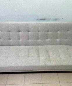 Convertible Tufted Sofa Bed / Futon – Light Beige/Grey Heathered Fabric with Grid Stitching & Armless Minimalist Design - Image 7