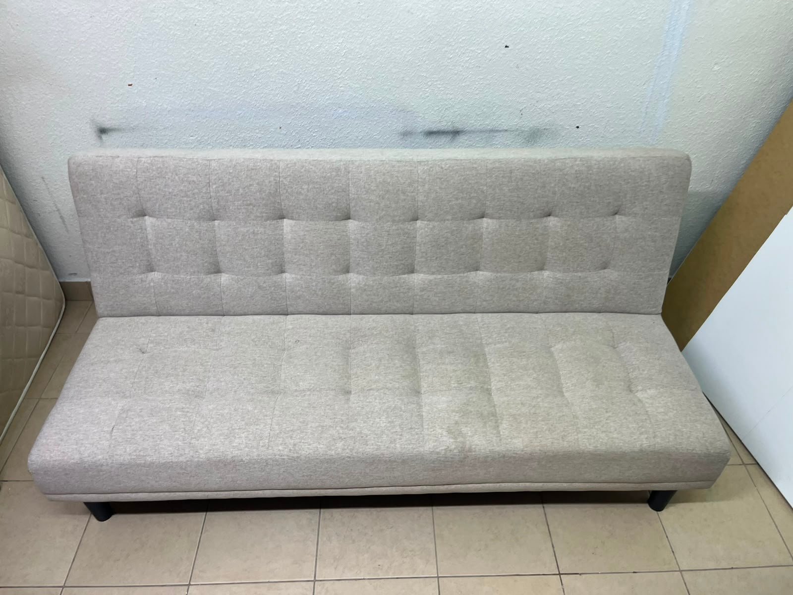 Convertible Tufted Sofa Bed / Futon – Light Beige/Grey Heathered Fabric with Grid Stitching & Armless Minimalist Design - Image 7