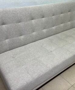 Convertible Tufted Sofa Bed / Futon – Light Beige/Grey Heathered Fabric with Grid Stitching & Armless Minimalist Design - Image 8