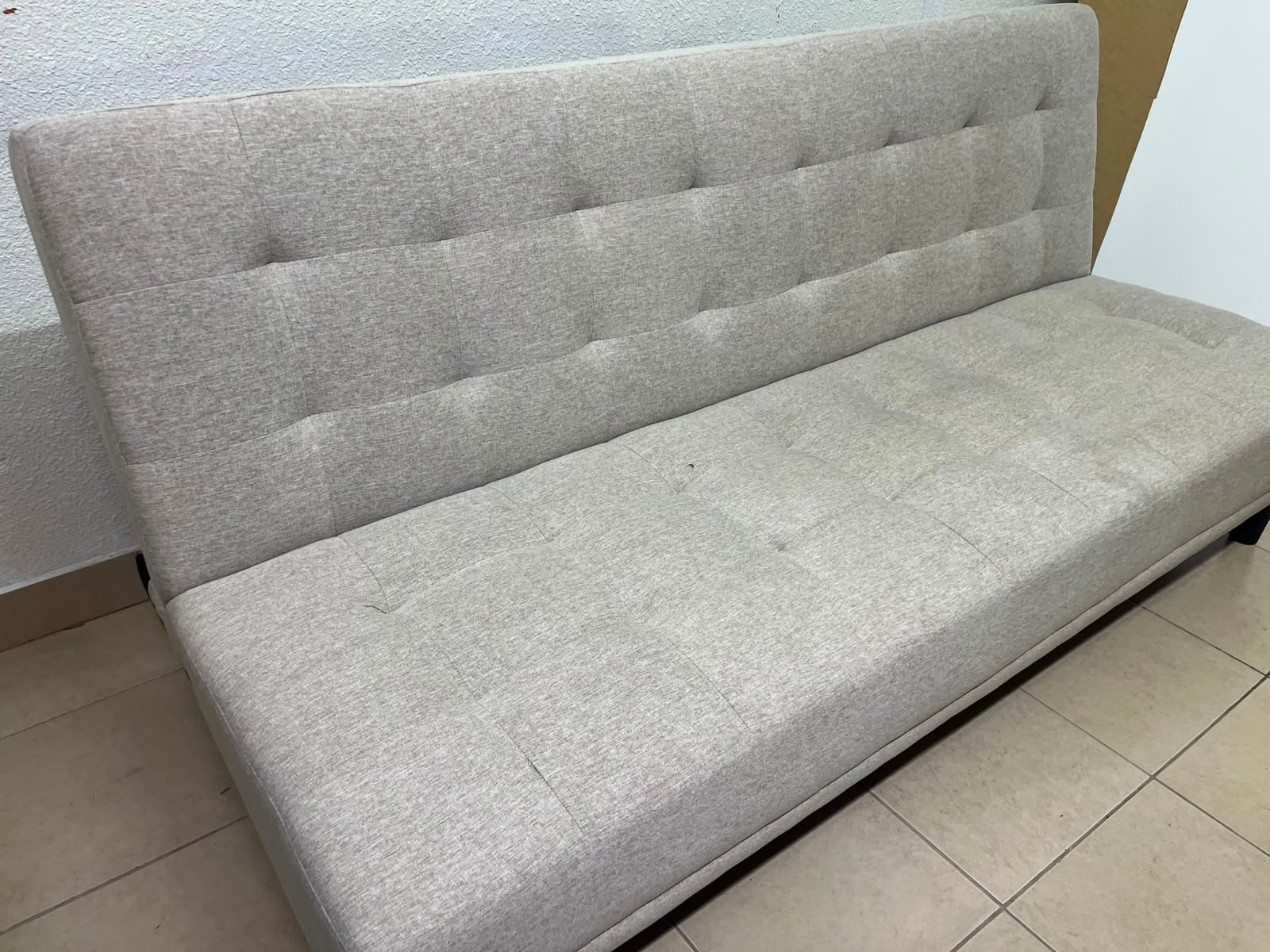 Convertible Tufted Sofa Bed / Futon – Light Beige/Grey Heathered Fabric with Grid Stitching & Armless Minimalist Design - Image 8