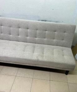 Convertible Tufted Sofa Bed / Futon – Light Beige/Grey Heathered Fabric with Grid Stitching & Armless Minimalist Design - Image 9