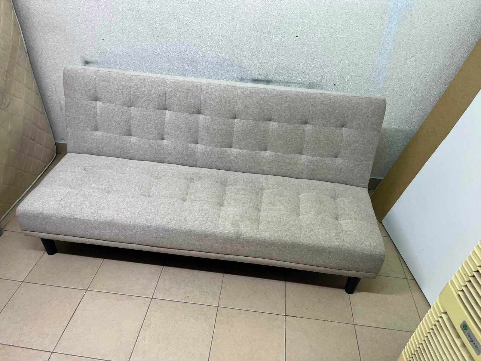 Convertible Tufted Sofa Bed / Futon – Light Beige/Grey Heathered Fabric with Grid Stitching & Armless Minimalist Design - Image 9
