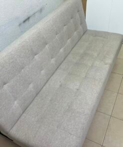 Convertible Tufted Sofa Bed / Futon – Light Beige/Grey Heathered Fabric with Grid Stitching & Armless Minimalist Design - Image 10