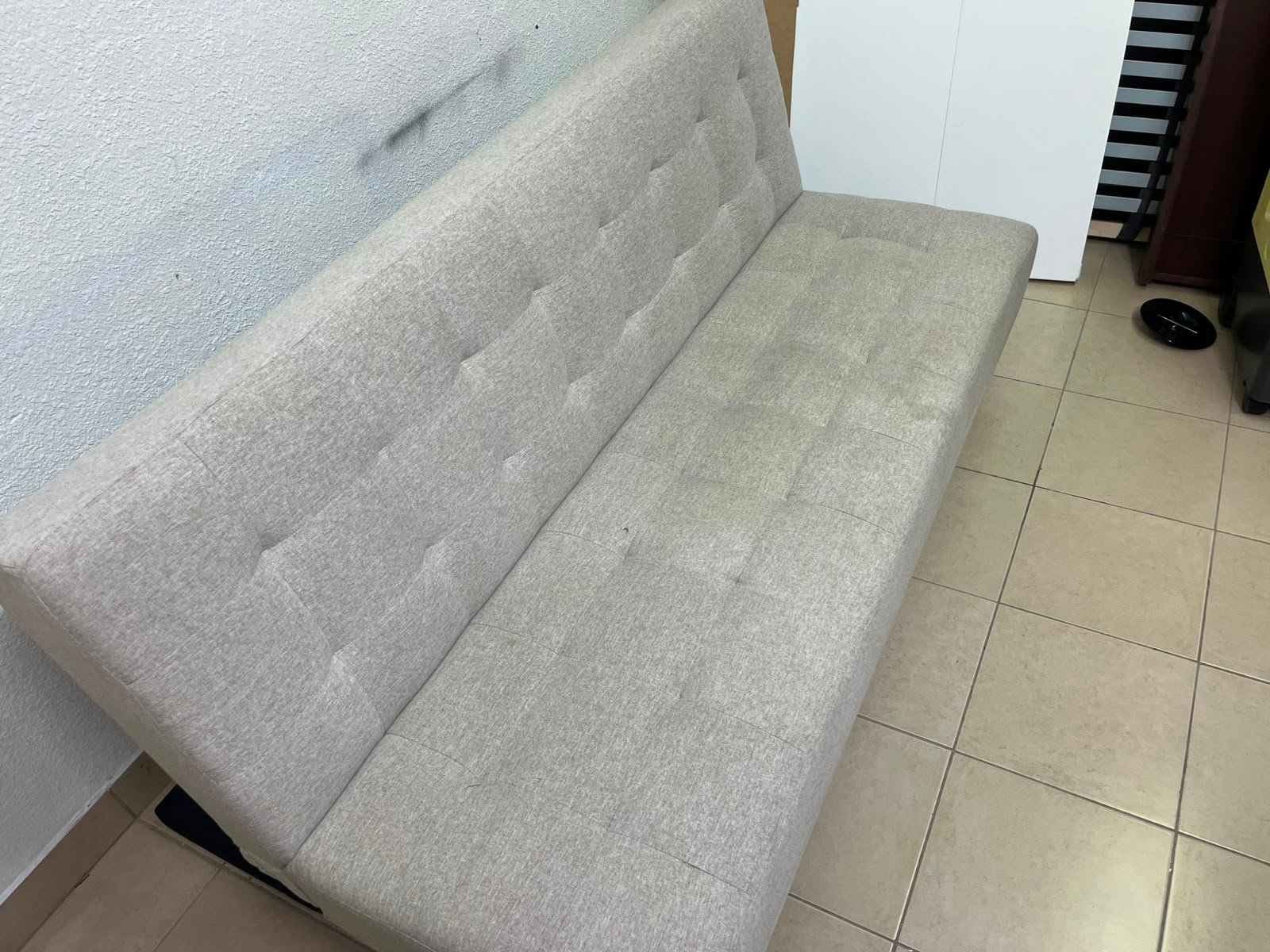 Convertible Tufted Sofa Bed / Futon – Light Beige/Grey Heathered Fabric with Grid Stitching & Armless Minimalist Design - Image 10