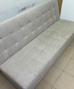Convertible Tufted Sofa Bed / Futon – Light Beige/Grey Heathered Fabric with Grid Stitching & Armless Minimalist Design - Image 11