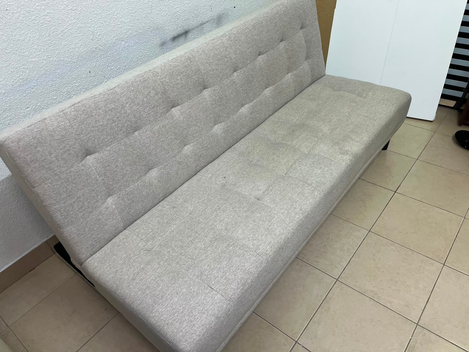 Convertible Tufted Sofa Bed / Futon – Light Beige/Grey Heathered Fabric with Grid Stitching & Armless Minimalist Design - Image 11