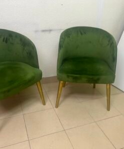 Set of 2 Olive Green Velvet Tub Chairs – Mid-Century Modern Accent Seating with Gold/Brass Tapered Legs - Image 4