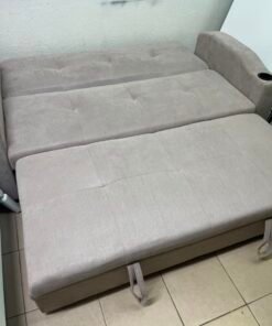 Modern Beige Convertible Sofa Bed with Cup Holders – Plush Tufted Futon with Pull-Out Storage / Sleeper Function for Apartments & Guest Rooms - Image 2