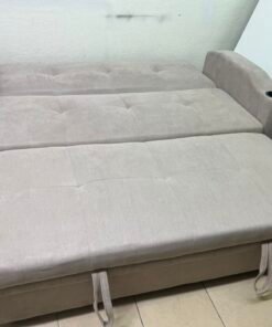 Modern Beige Convertible Sofa Bed with Cup Holders – Plush Tufted Futon with Pull-Out Storage / Sleeper Function for Apartments & Guest Rooms - Image 6