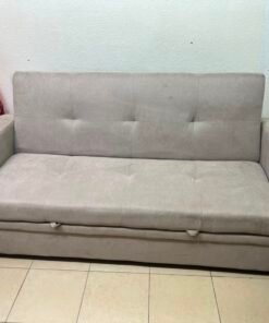Modern Beige Convertible Sofa Bed with Cup Holders – Plush Tufted Futon with Pull-Out Storage / Sleeper Function for Apartments & Guest Rooms
