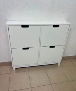 Modern White 4-Compartment Shoe Cabinet / Storage Unit – Compact 2x2 Tilt-Out Organizer with Black Cutout Handles