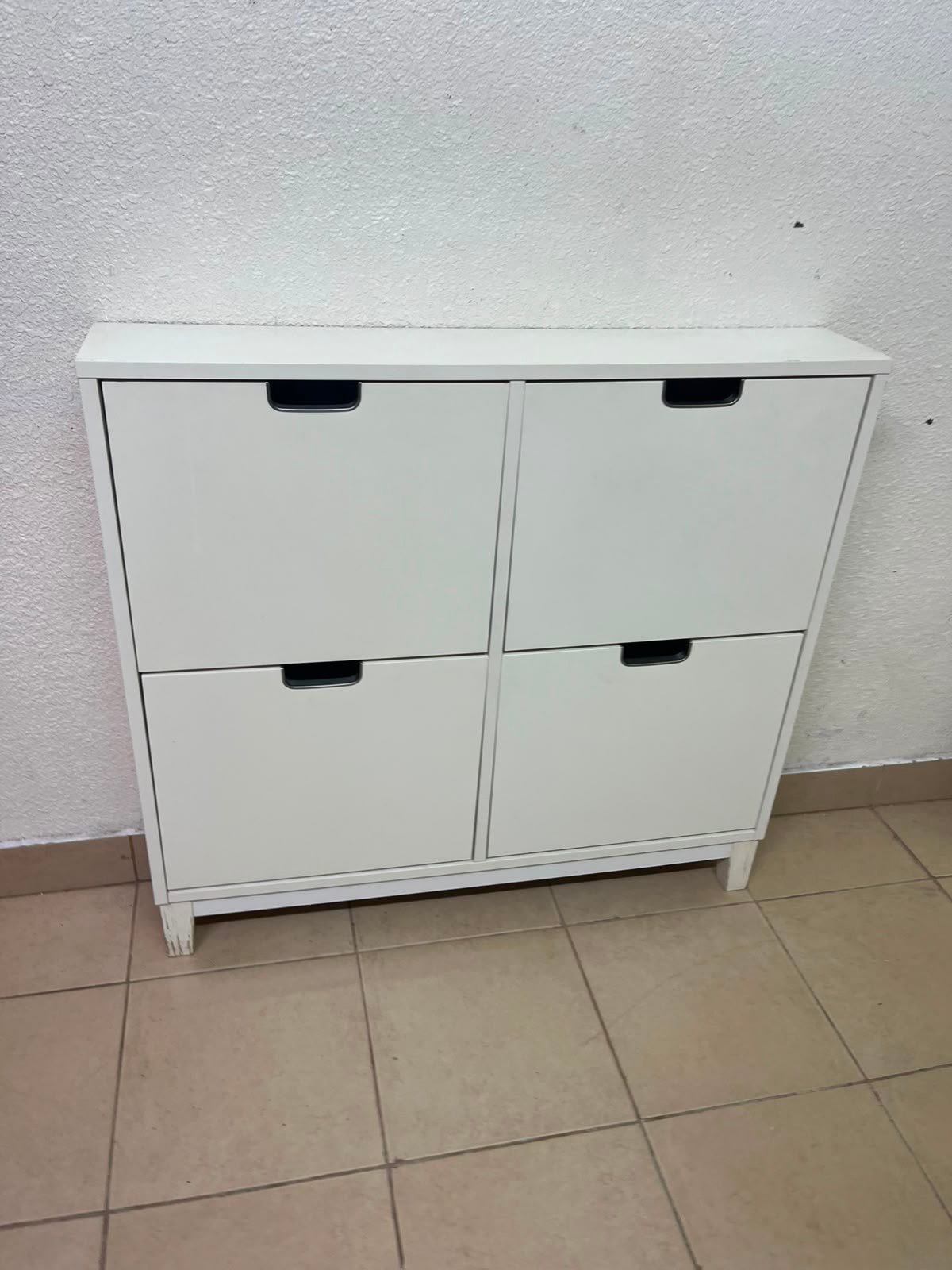Modern White 4-Compartment Shoe Cabinet / Storage Unit – Compact 2x2 Tilt-Out Organizer with Black Cutout Handles