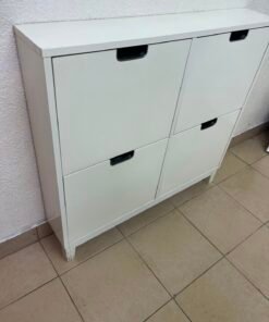Modern White 4-Compartment Shoe Cabinet / Storage Unit – Compact 2x2 Tilt-Out Organizer with Black Cutout Handles - Image 3