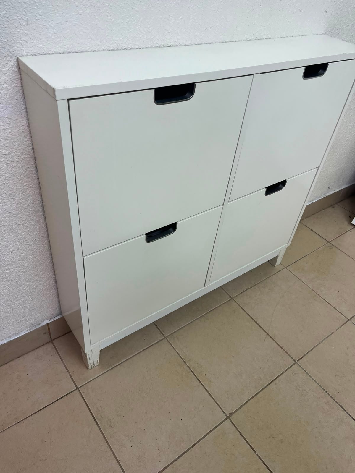 Modern White 4-Compartment Shoe Cabinet / Storage Unit – Compact 2x2 Tilt-Out Organizer with Black Cutout Handles - Image 3