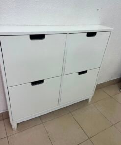 Modern White 4-Compartment Shoe Cabinet / Storage Unit – Compact 2x2 Tilt-Out Organizer with Black Cutout Handles - Image 4