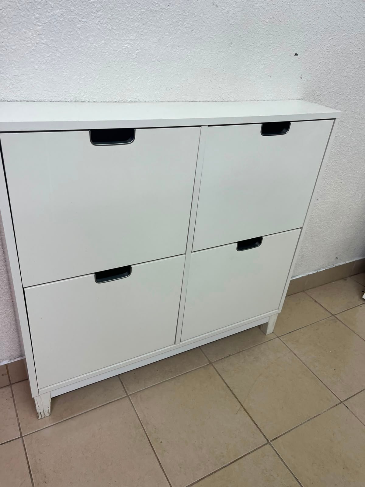Modern White 4-Compartment Shoe Cabinet / Storage Unit – Compact 2x2 Tilt-Out Organizer with Black Cutout Handles - Image 4