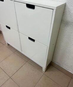 Modern White 4-Compartment Shoe Cabinet / Storage Unit – Compact 2x2 Tilt-Out Organizer with Black Cutout Handles - Image 5