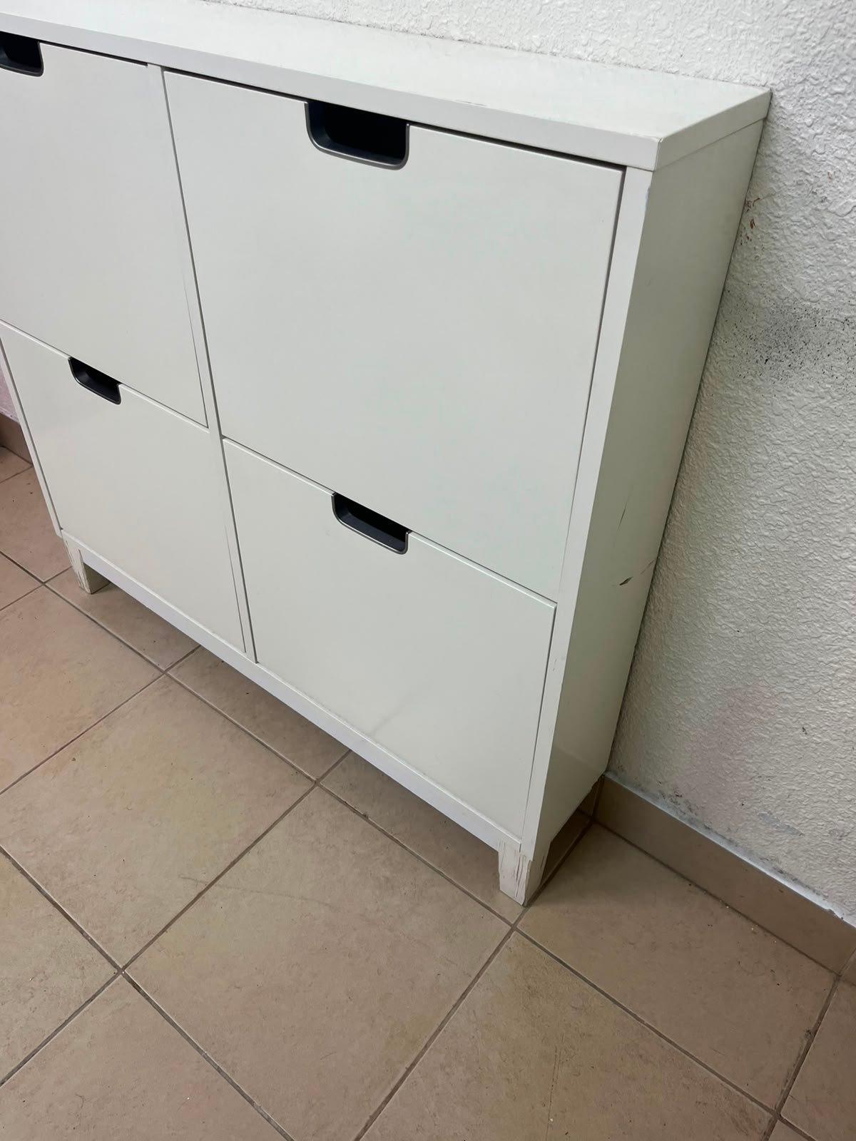Modern White 4-Compartment Shoe Cabinet / Storage Unit – Compact 2x2 Tilt-Out Organizer with Black Cutout Handles - Image 5
