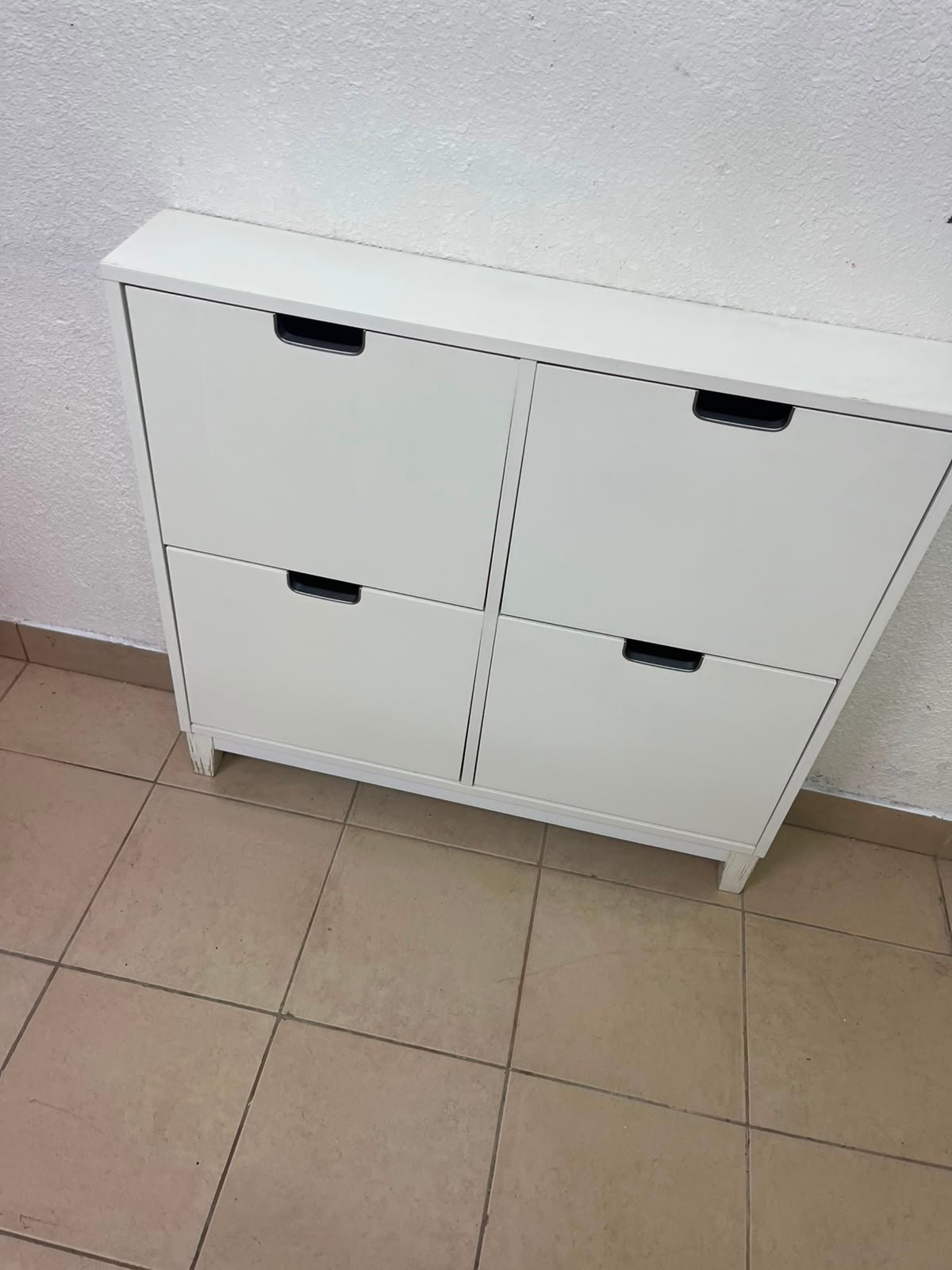 Modern White 4-Compartment Shoe Cabinet / Storage Unit – Compact 2x2 Tilt-Out Organizer with Black Cutout Handles - Image 6