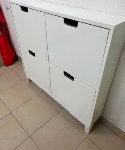 Modern White 4-Compartment Shoe Cabinet / Storage Unit – Compact 2x2 Tilt-Out Organizer with Black Cutout Handles - Image 7