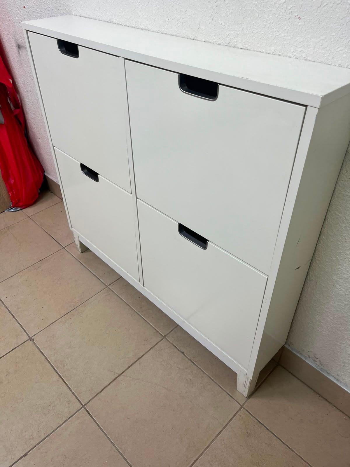Modern White 4-Compartment Shoe Cabinet / Storage Unit – Compact 2x2 Tilt-Out Organizer with Black Cutout Handles - Image 7