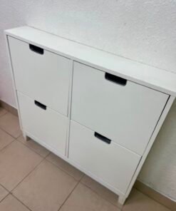 Modern White 4-Compartment Shoe Cabinet / Storage Unit – Compact 2x2 Tilt-Out Organizer with Black Cutout Handles - Image 8
