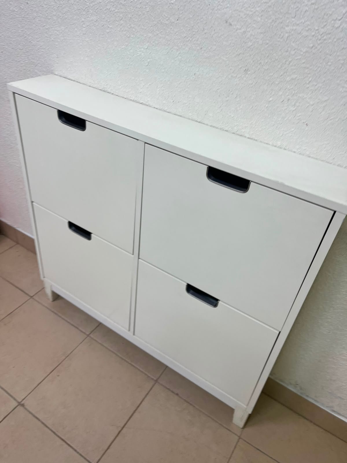 Modern White 4-Compartment Shoe Cabinet / Storage Unit – Compact 2x2 Tilt-Out Organizer with Black Cutout Handles - Image 8