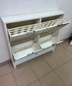 Modern White 4-Compartment Shoe Cabinet / Storage Unit – Compact 2x2 Tilt-Out Organizer with Black Cutout Handles - Image 9