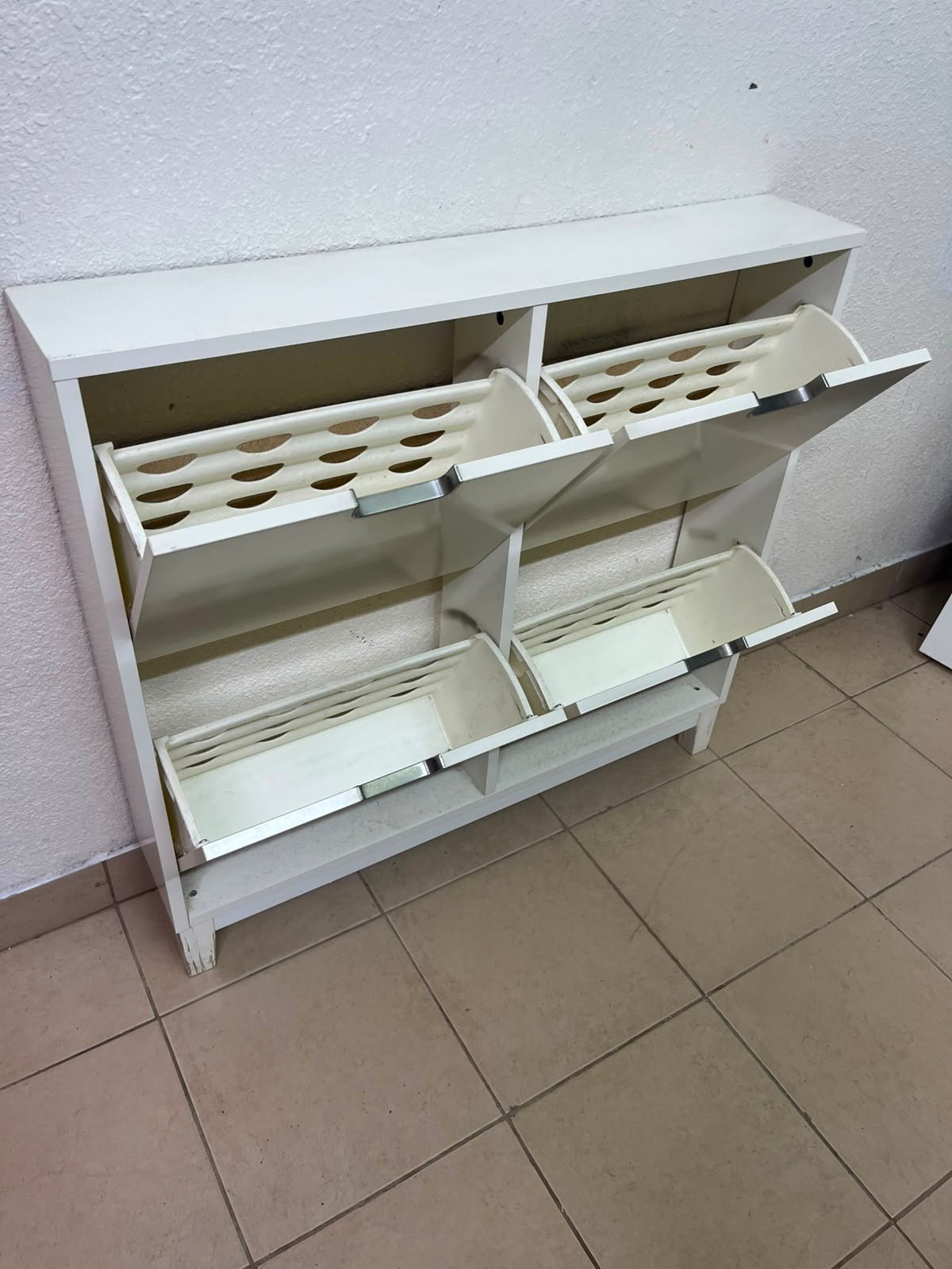 Modern White 4-Compartment Shoe Cabinet / Storage Unit – Compact 2x2 Tilt-Out Organizer with Black Cutout Handles - Image 9