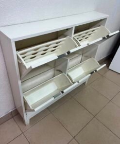 Modern White 4-Compartment Shoe Cabinet / Storage Unit – Compact 2x2 Tilt-Out Organizer with Black Cutout Handles - Image 10