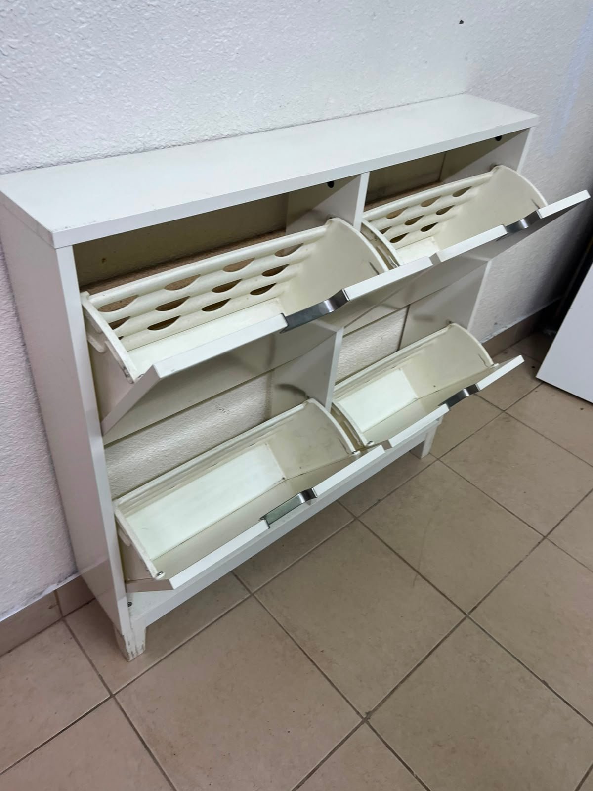 Modern White 4-Compartment Shoe Cabinet / Storage Unit – Compact 2x2 Tilt-Out Organizer with Black Cutout Handles - Image 10