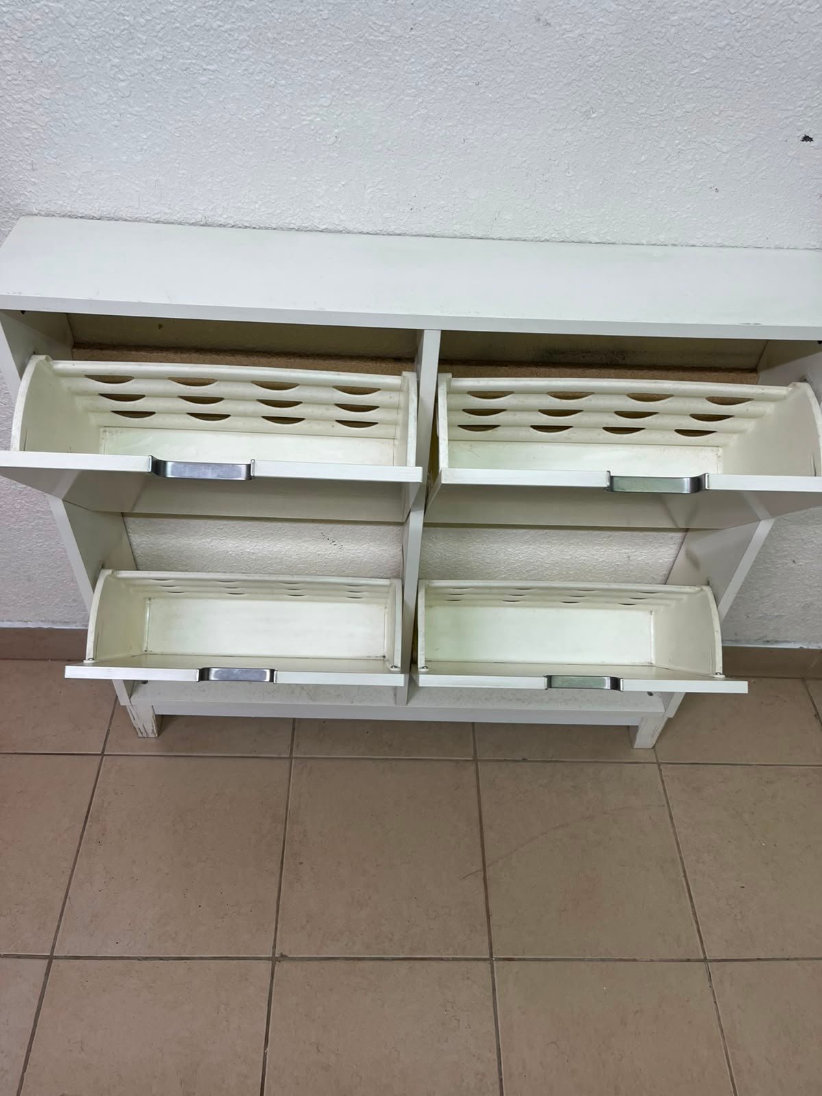 Modern White 4-Compartment Shoe Cabinet / Storage Unit – Compact 2x2 Tilt-Out Organizer with Black Cutout Handles - Image 11