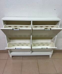 Modern White 4-Compartment Shoe Cabinet / Storage Unit – Compact 2x2 Tilt-Out Organizer with Black Cutout Handles - Image 12