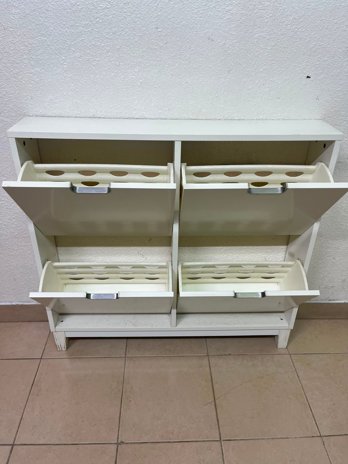 Modern White 4-Compartment Shoe Cabinet / Storage Unit – Compact 2x2 Tilt-Out Organizer with Black Cutout Handles - Image 12