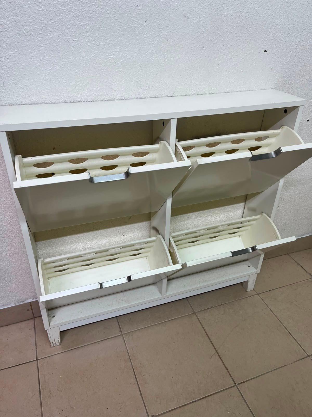 Modern White 4-Compartment Shoe Cabinet / Storage Unit – Compact 2x2 Tilt-Out Organizer with Black Cutout Handles - Image 13
