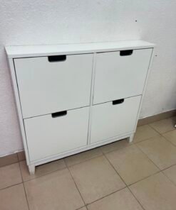 Modern White 4-Compartment Shoe Cabinet / Storage Unit – Compact 2x2 Tilt-Out Organizer with Black Cutout Handles - Image 14