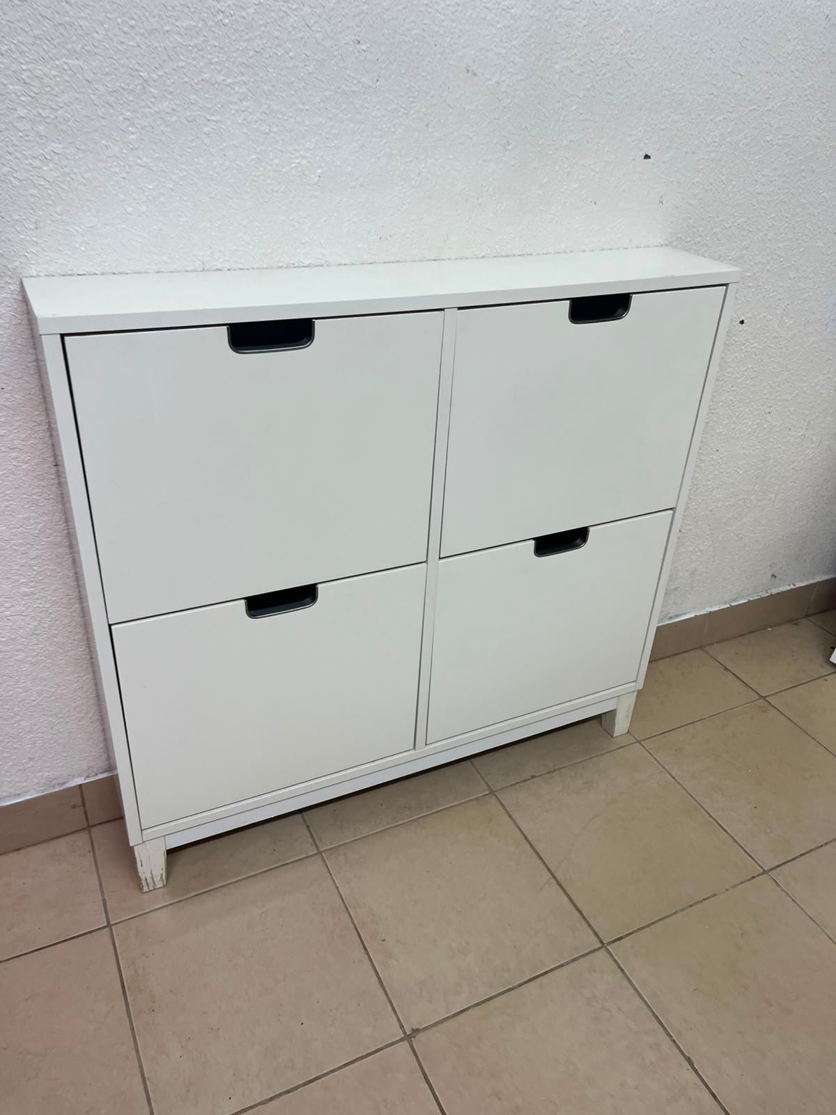 Modern White 4-Compartment Shoe Cabinet / Storage Unit – Compact 2x2 Tilt-Out Organizer with Black Cutout Handles - Image 14