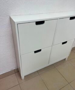 Modern White 4-Compartment Shoe Cabinet / Storage Unit – Compact 2x2 Tilt-Out Organizer with Black Cutout Handles - Image 15