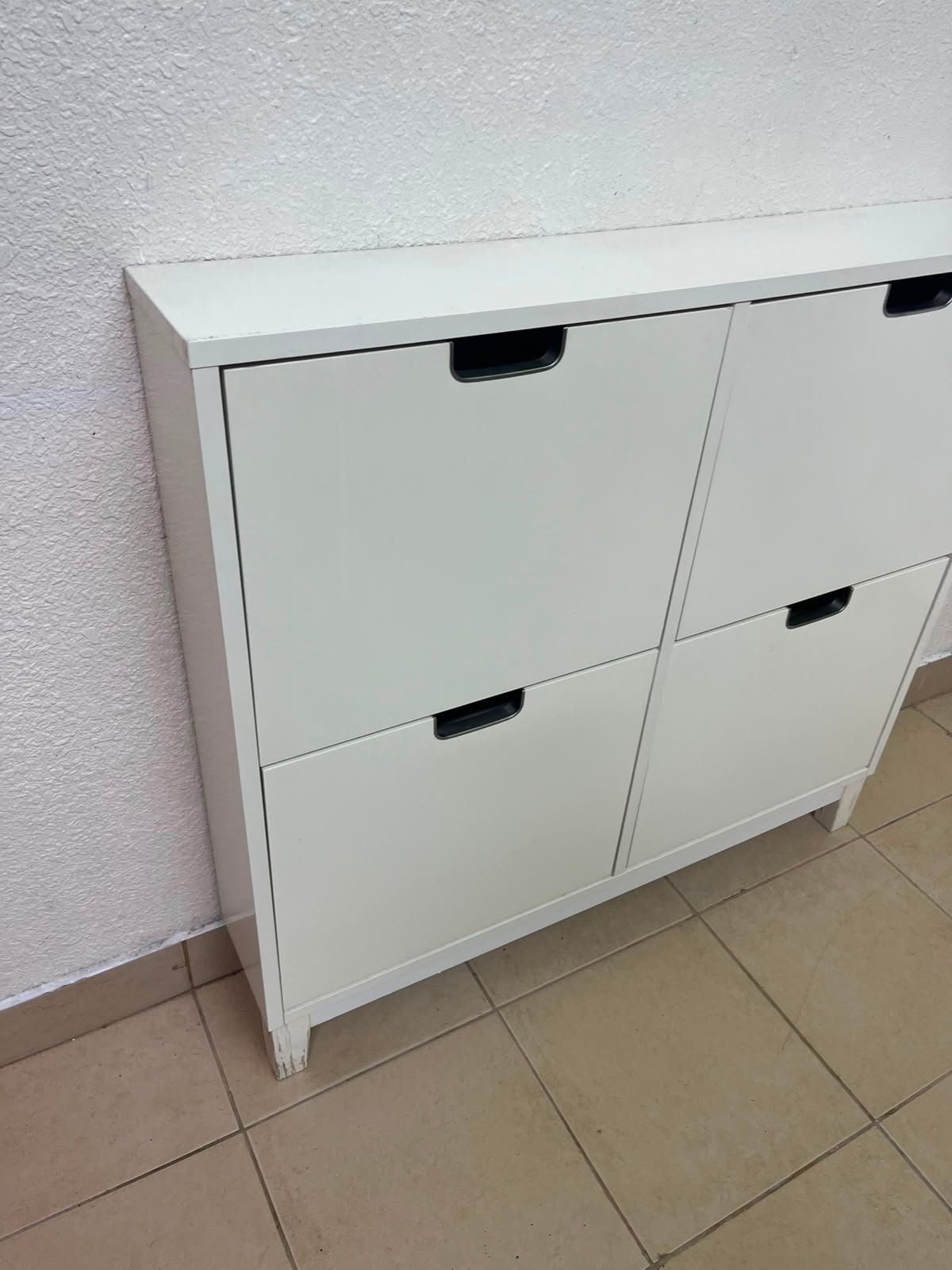 Modern White 4-Compartment Shoe Cabinet / Storage Unit – Compact 2x2 Tilt-Out Organizer with Black Cutout Handles - Image 15