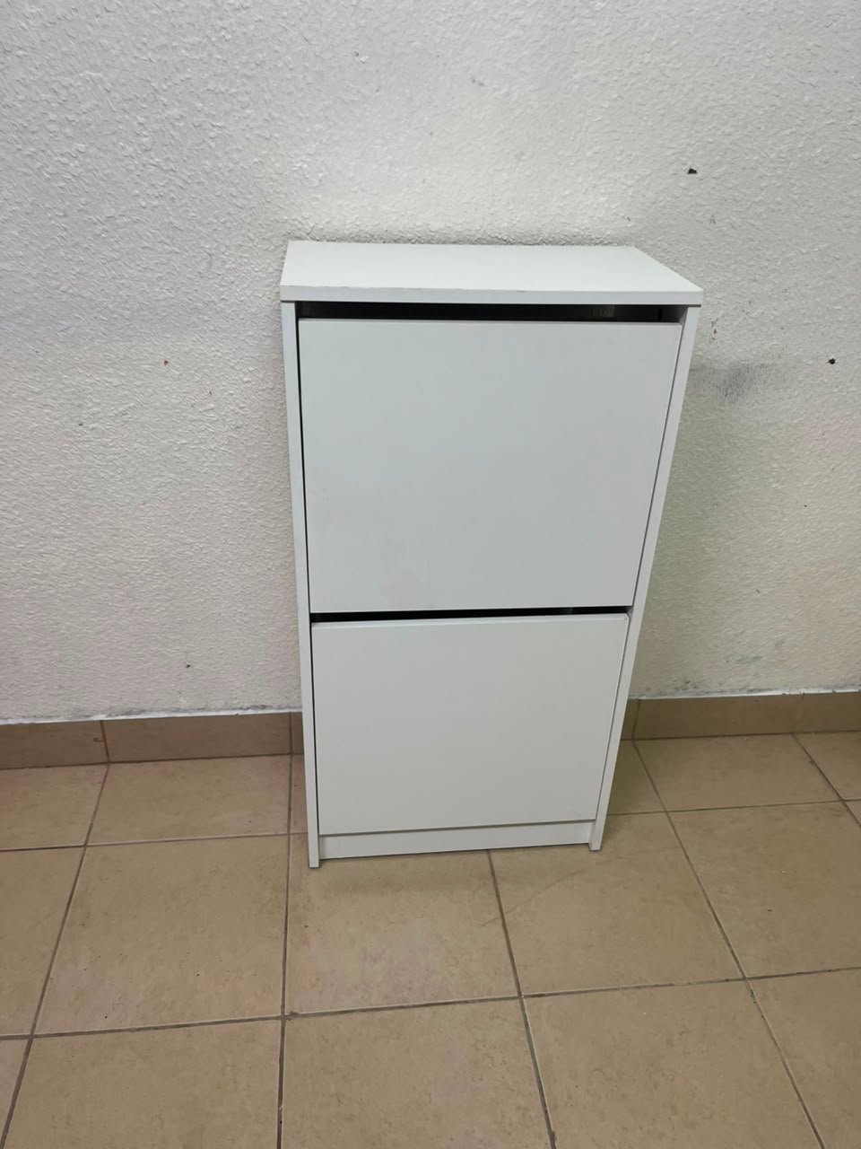Minimalist White 2-Tier Shoe Cabinet / Storage Unit – Compact Tilt-Out Organizer with Handleless Flap Doors